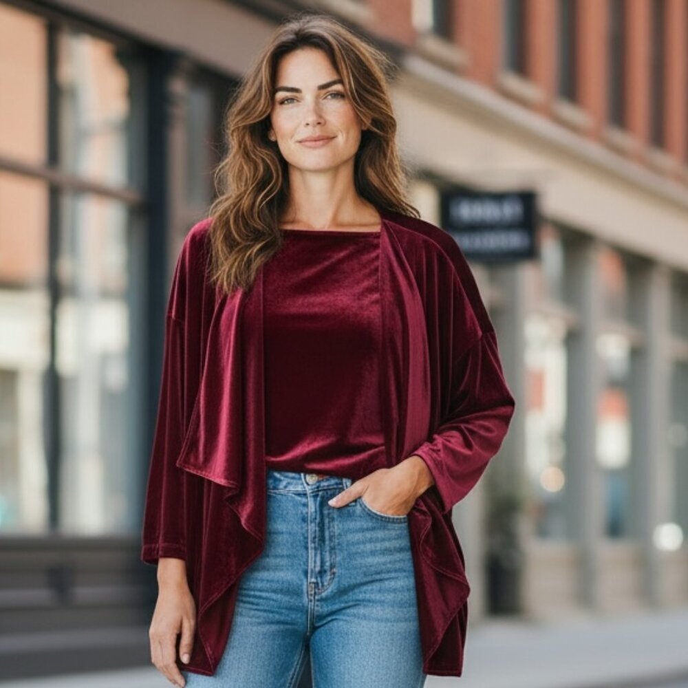 Coldwater Creek 2-Piece Set Velvet Jacket & Cami Top M Burgundy Red 173G